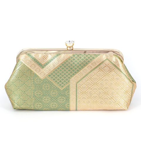 Kikko Hexagon Clutch Purse in Gold and Green| Upcycled from vintage Japanese Obi - Heritage ReFashioned