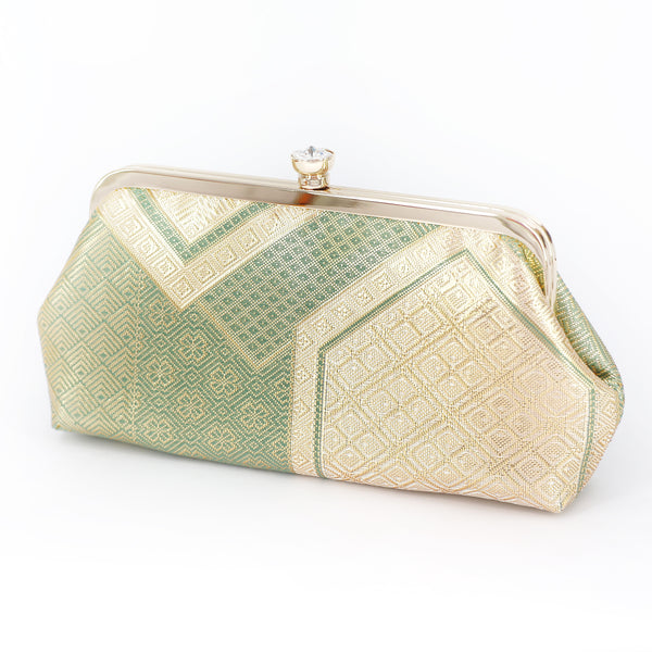 Kikko Hexagon Clutch Purse in Gold and Green| Upcycled from vintage Japanese Obi - Heritage ReFashioned
