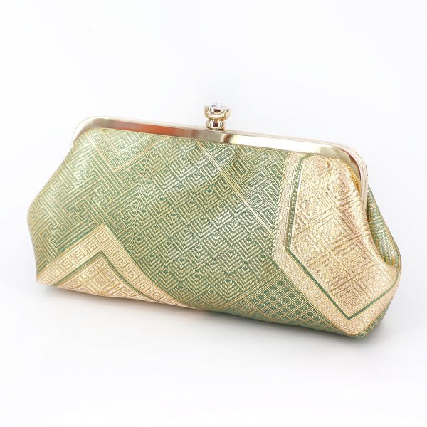 Kikko Hexagon Clutch Purse in Gold and Green| Upcycled from vintage Japanese Obi - Heritage ReFashioned