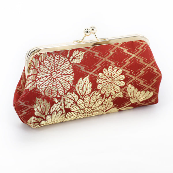Chrysanthemum and Peony on Burgundy Kimono Clutch | Upcycled from vintage Japanese Kimono - Heritage ReFashioned