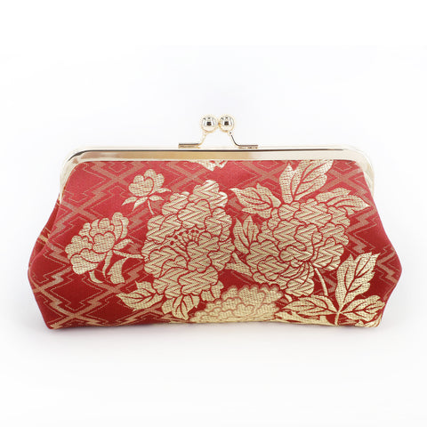 Chrysanthemum and Peony on Burgundy Kimono Clutch | Upcycled from vintage Japanese Kimono - Heritage ReFashioned