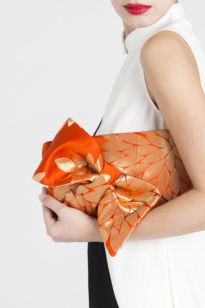 Kimono Obi Bow Clutch | Floral In Gold & Green | Upcycled from vintage Japanese Silk - Heritage ReFashioned