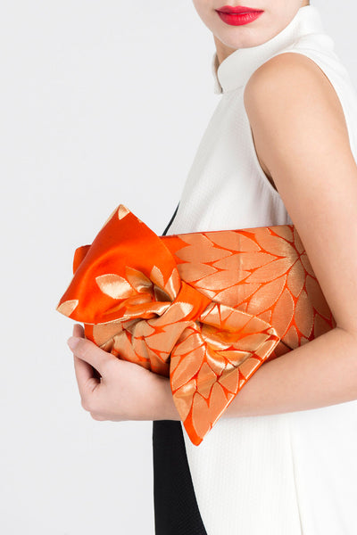 Kimono Obi Bow Clutch Bag | Chrysanthemum Gold and Orange | Upcycled from vintage Japanese Silk - Heritage ReFashioned