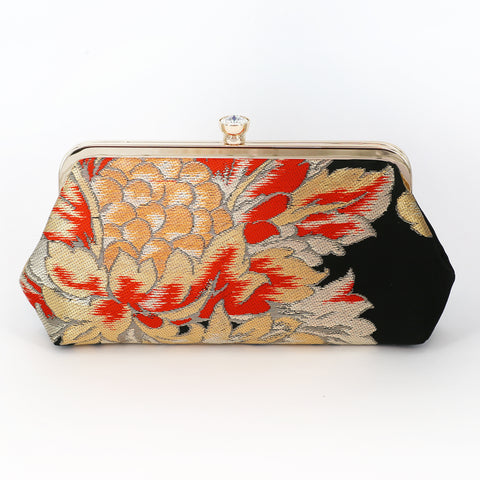 Red Camellia Kimono Clutch Purse on Black | Upcycled from vintage Japanese Obi - Heritage ReFashioned