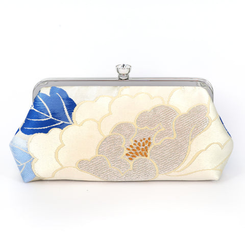 Peony Kimono Clutch Purse Ivory and Blue on Silver | Upcycled from vintage Japanese Obi - Heritage ReFashioned
