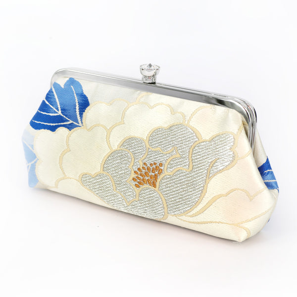 Peony Kimono Clutch Purse Ivory and Blue on Silver | Upcycled from vintage Japanese Obi - Heritage ReFashioned