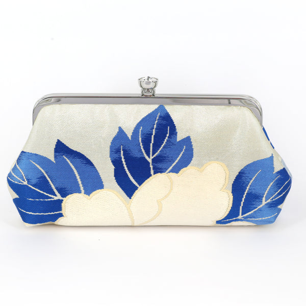 Peony Kimono Clutch Purse Ivory and Blue on Silver | Upcycled from vintage Japanese Obi - Heritage ReFashioned