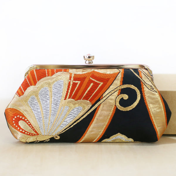 Orange and Black Butterfly Silk Kimono Clutch Purse | Upcycled Kimono Obi Silk - Heritage ReFashioned