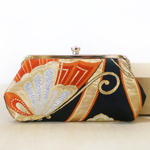 Orange and Black Butterfly Silk Kimono Clutch Purse | Upcycled Kimono Obi Silk - Heritage ReFashioned