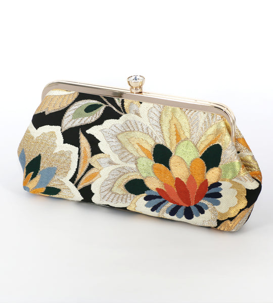 Camellia Clutch in heavy metallic thread brocade on Black Silk - Heritage ReFashioned