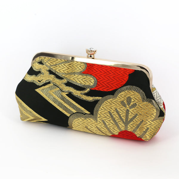[LAST ONE] Kimono Pine Tree Clutch Purse in Red Gold Silver Black | Upcycled from vintage Japanese Obi - Heritage ReFashioned