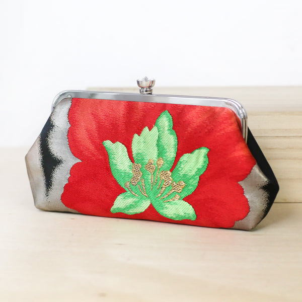 [LAST ONE] Camellia Clutch Purse in Red, Green on Black | Upcycled from vintage Japanese Kimono Obi - Heritage ReFashioned