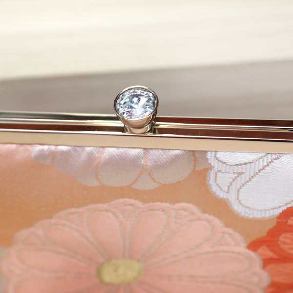 Chrysanthemum Kiku Kimono Clutch in Peach and Silver | Upcycled from vintage Japanese Kimono Obi - Heritage ReFashioned