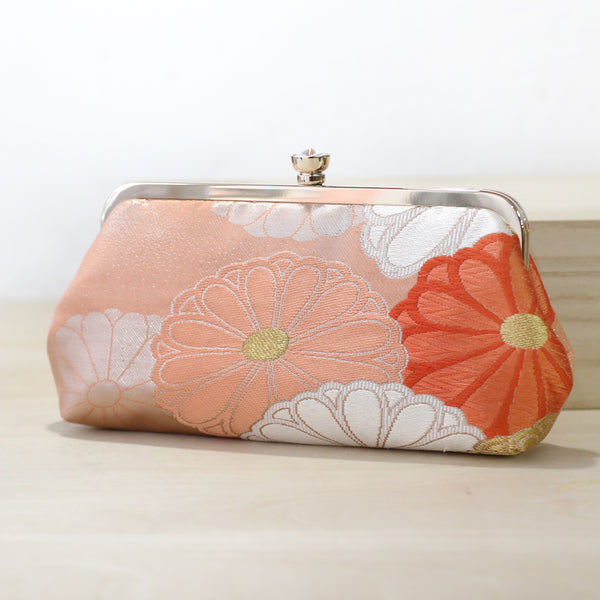 Chrysanthemum Kiku Kimono Clutch in Peach and Silver | Upcycled from vintage Japanese Kimono Obi - Heritage ReFashioned
