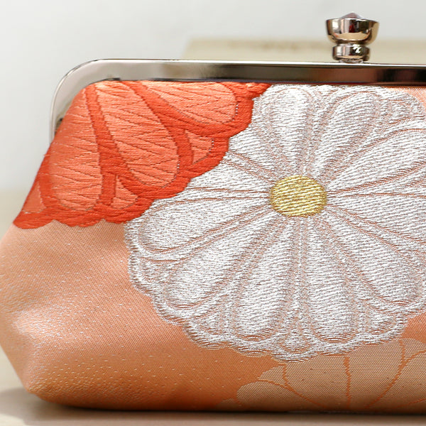 Chrysanthemum Kiku Kimono Clutch in Peach and Silver | Upcycled from vintage Japanese Kimono Obi - Heritage ReFashioned