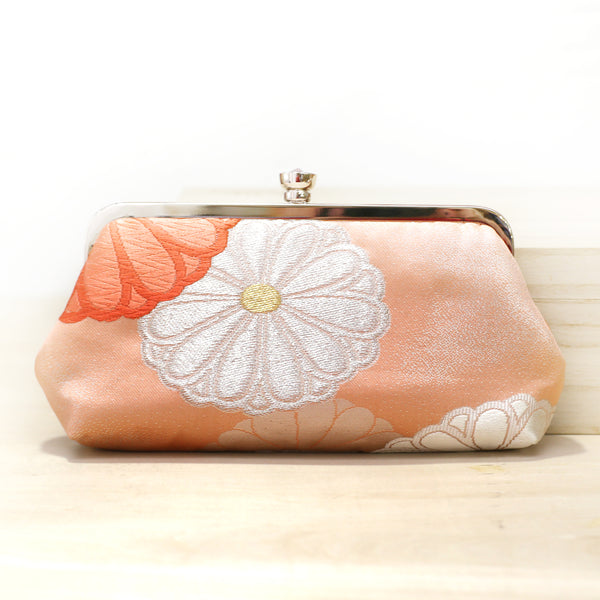 Chrysanthemum Kiku Kimono Clutch in Peach and Silver | Upcycled from vintage Japanese Kimono Obi - Heritage ReFashioned