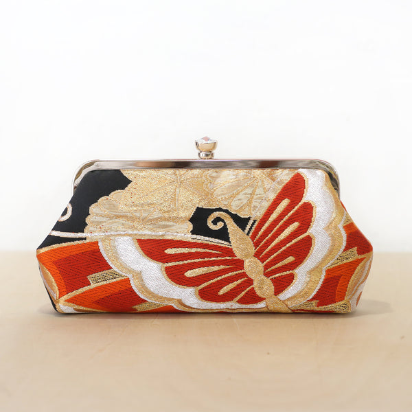 Orange and Black Butterfly Silk Kimono Clutch Purse | Upcycled Kimono Obi Silk - Heritage ReFashioned