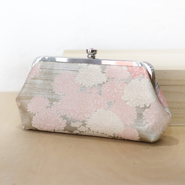 Chrysanthemum Kiku Kimono Clutch in Pink and Silver | Upcycled from vintage Japanese Kimono Obi - Heritage ReFashioned