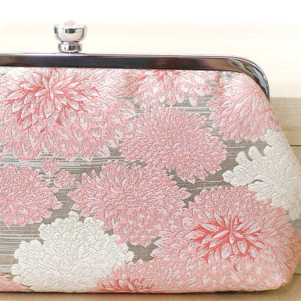 Chrysanthemum Kiku Kimono Clutch in Pink and Silver | Upcycled from vintage Japanese Kimono Obi - Heritage ReFashioned