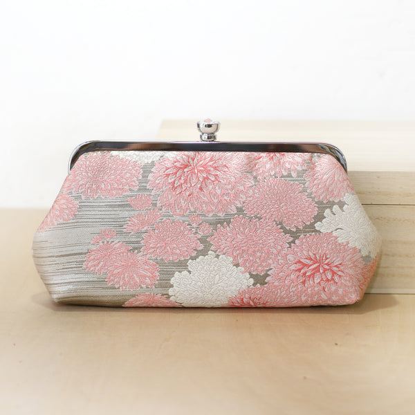 Chrysanthemum Kiku Kimono Clutch in Pink and Silver | Upcycled from vintage Japanese Kimono Obi - Heritage ReFashioned