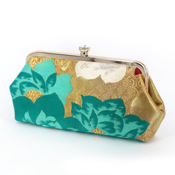 Camellia Clutch Purse in Fuchsia, Gold and Turquoise | Upcycled from vintage Japanese Kimono Obi - Heritage ReFashioned