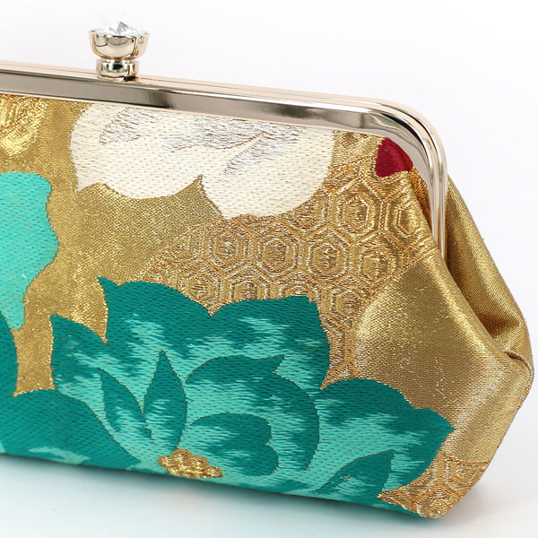 Camellia Clutch Purse in Fuchsia, Gold and Turquoise | Upcycled from vintage Japanese Kimono Obi - Heritage ReFashioned
