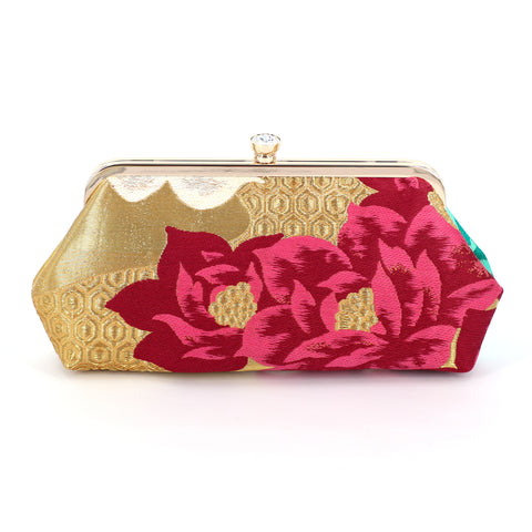 Camellia Clutch Purse in Fuchsia, Gold and Turquoise | Upcycled from vintage Japanese Kimono Obi - Heritage ReFashioned