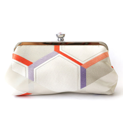 Kimono Obi Silk Clutch Purse with Hexagon Kikko in Ivory, Orange and Purple - Heritage ReFashioned