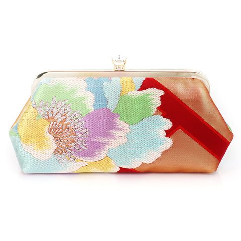 Peony Kimono Clutch Purse in Red and Rainbow | Upcycled from vintage Japanese Kimono Obi - Heritage ReFashioned