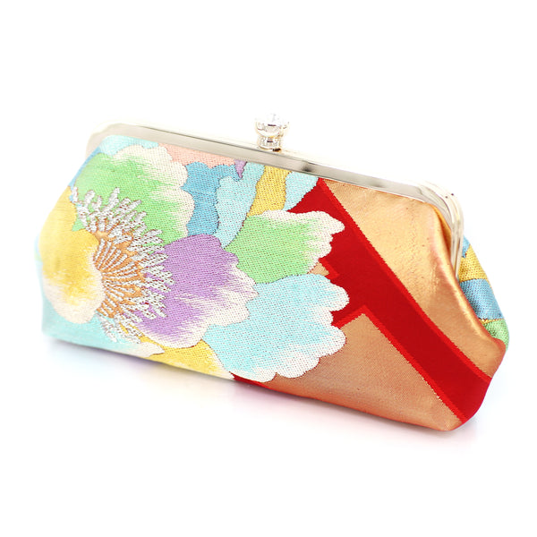 Peony Kimono Clutch Purse in Red and Rainbow | Upcycled from vintage Japanese Kimono Obi - Heritage ReFashioned