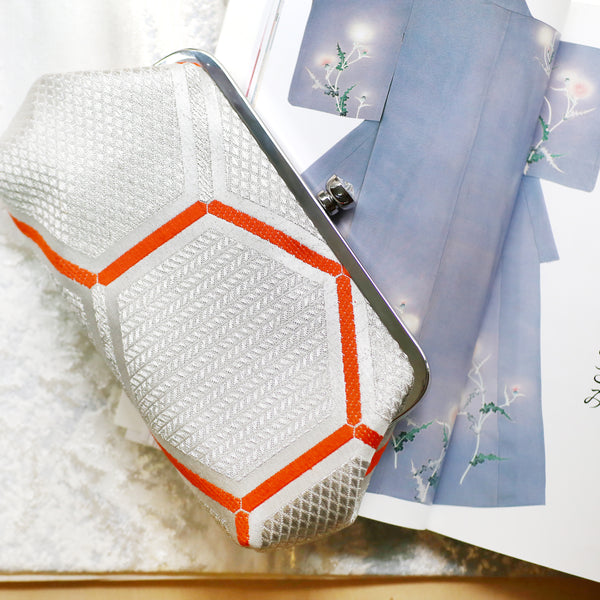 Kimono Silk Clutch in Kikko Silver and Orange - Heritage ReFashioned