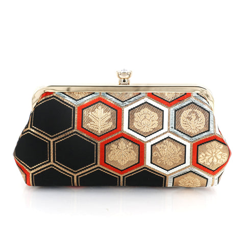 Kimono Obi Crystal Clutch Purse with Hexagon Kikko in Black Red and Gold - Heritage ReFashioned
