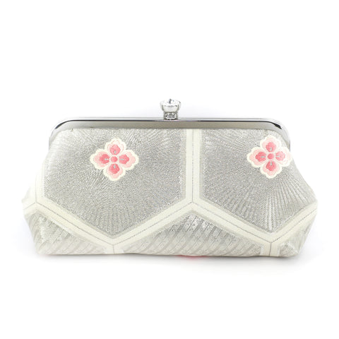 Kikko Hexagon Clutch Purse in Silver & Pink | Upcycled from vintage Japanese Obi - Heritage ReFashioned