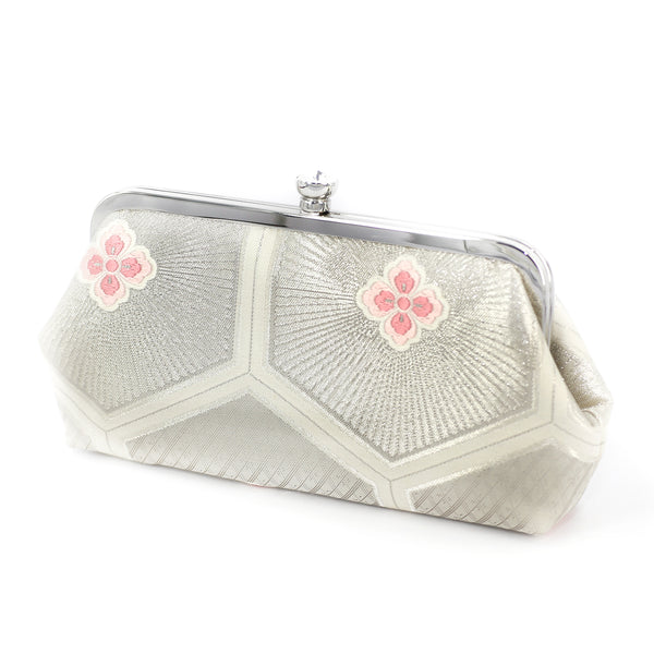 Kikko Hexagon Clutch Purse in Silver & Pink | Upcycled from vintage Japanese Obi - Heritage ReFashioned