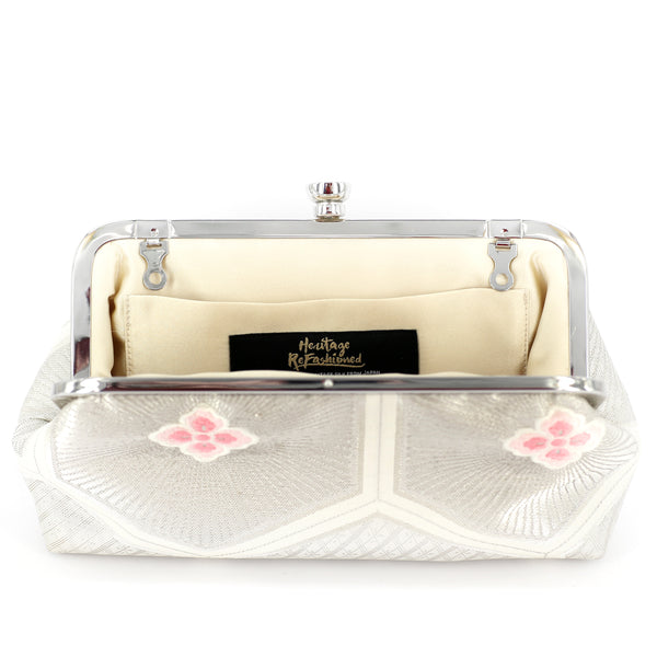 Kikko Hexagon Clutch Purse in Silver & Pink | Upcycled from vintage Japanese Obi - Heritage ReFashioned