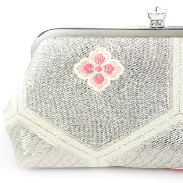 Kikko Hexagon Clutch Purse in Silver & Pink | Upcycled from vintage Japanese Obi - Heritage ReFashioned