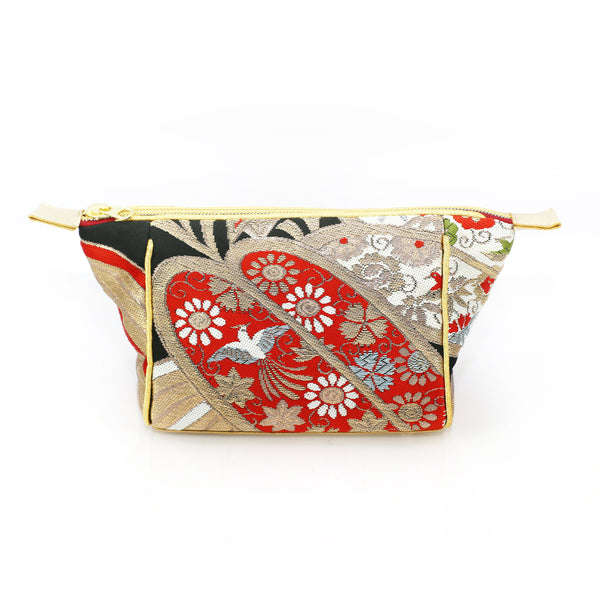 Spring Bird Bamboo Kimono Travel / Make-up Bag | Upcycled Kimono Obi Silk - Heritage ReFashioned
