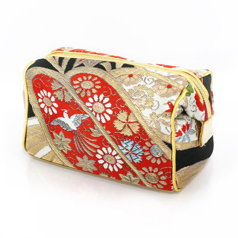 Spring Bird Bamboo Kimono Travel / Make-up Bag | Upcycled Kimono Obi Silk - Heritage ReFashioned