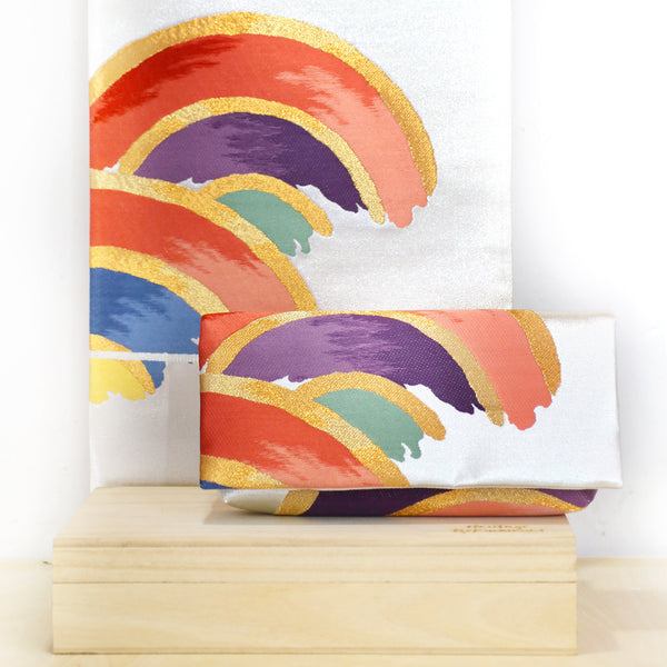 [Last one] Kimono Envelope Clutch Bag with Seigaiha Waves in Rainbow | Upcycled Kimono Obi Silk - Heritage ReFashioned