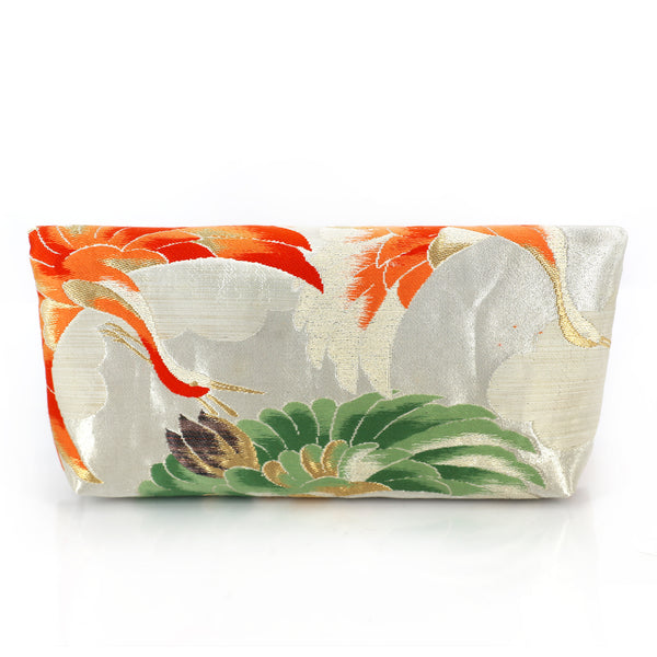 Kimono Envelope Clutch Bag with Cranes on Silver | Upcycled Kimono Obi Silk - Heritage ReFashioned