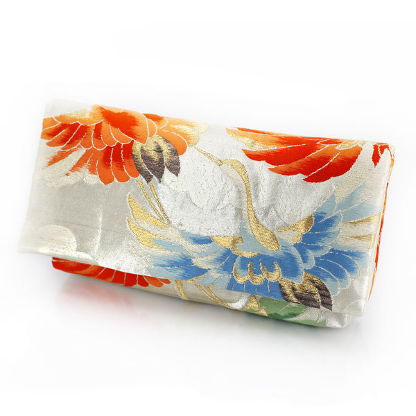 Kimono Envelope Clutch Bag with Cranes on Silver | Upcycled Kimono Obi Silk - Heritage ReFashioned