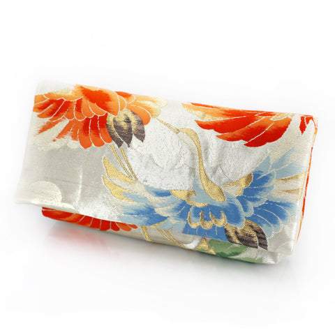Kimono Envelope Clutch Bag with Cranes on Silver | Upcycled Kimono Obi Silk - Heritage ReFashioned