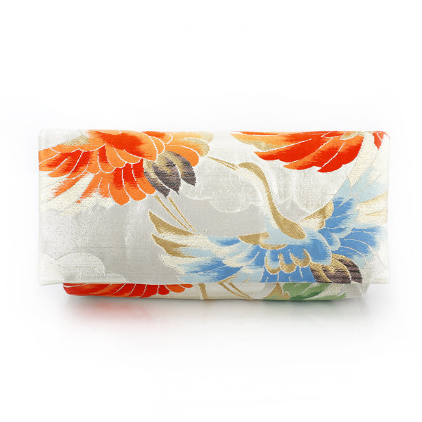 Kimono Envelope Clutch Bag with Cranes on Silver | Upcycled Kimono Obi Silk - Heritage ReFashioned