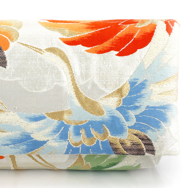 Kimono Envelope Clutch Bag with Cranes on Silver | Upcycled Kimono Obi Silk - Heritage ReFashioned