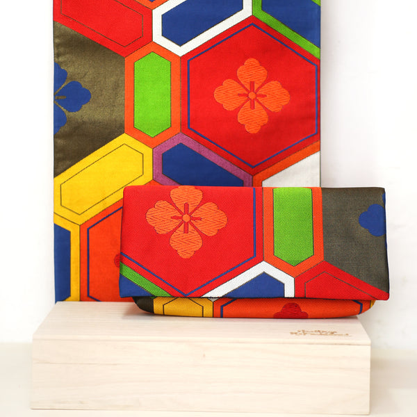 Japanese kimono Envelope Clutch Bag with Kikko & Peony | Upcycled Kimono Obi Silk - Heritage ReFashioned