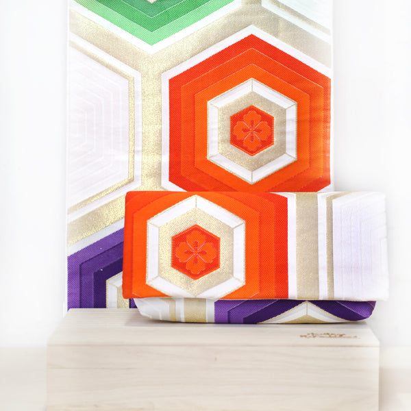 Japanese Kimono Obi Envelope Clutch Bag in Hexagon Kikko Gold, Purple, Green, Red - Heritage ReFashioned