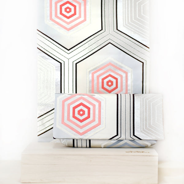 Kimono Obi Envelope Clutch Bag in Hexagon Kikko in Silver, Black, Pink - Heritage ReFashioned