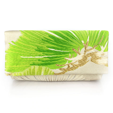 Envelope Clutch Bag with Pine in Green on Silver | Upcycled Kimono Obi Silk - Heritage ReFashioned