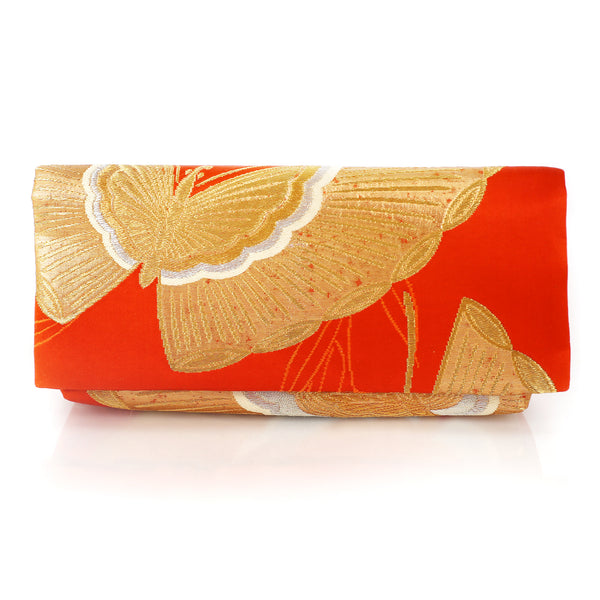 Envelope Clutch Bag with Butterfly on Orange Red | Upcycled Kimono Obi Silk - Heritage ReFashioned