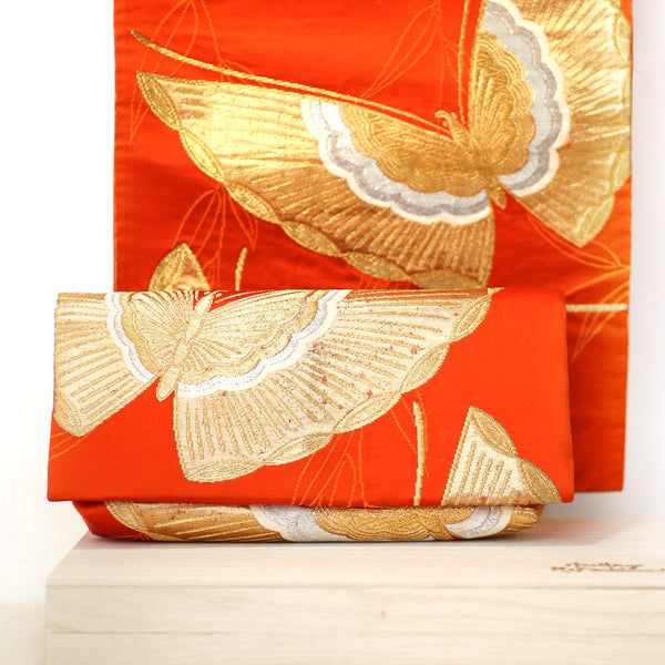Envelope Clutch Bag with Butterfly on Orange Red | Upcycled Kimono Obi Silk - Heritage ReFashioned